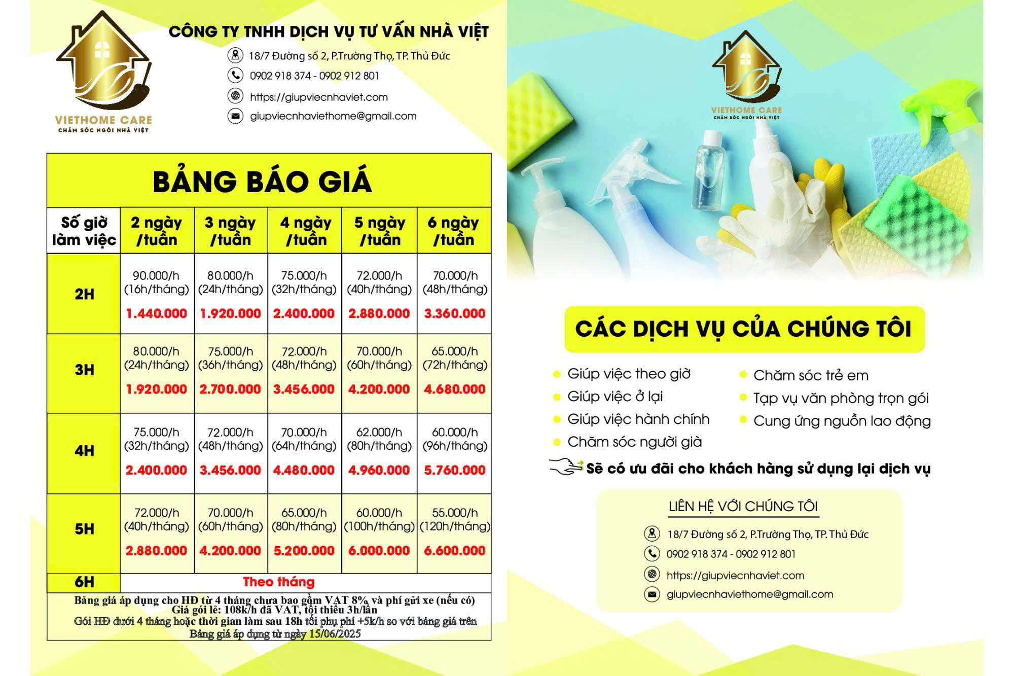 bảng giá giúp việc nhà mới